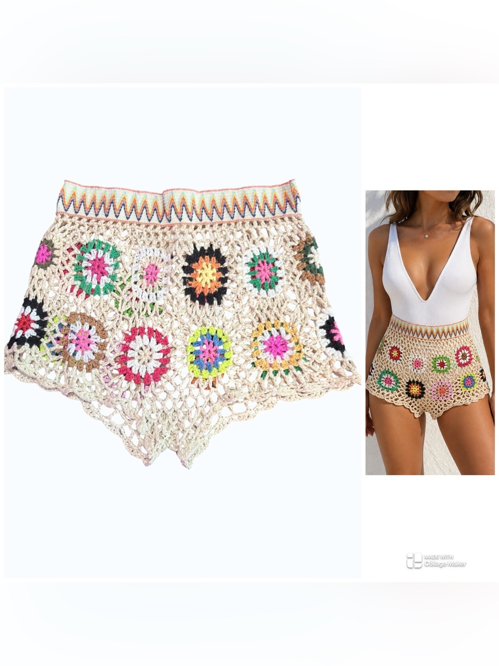Boho Crochet Granny Artsy Square Shorts Multicolor Festival Size XL